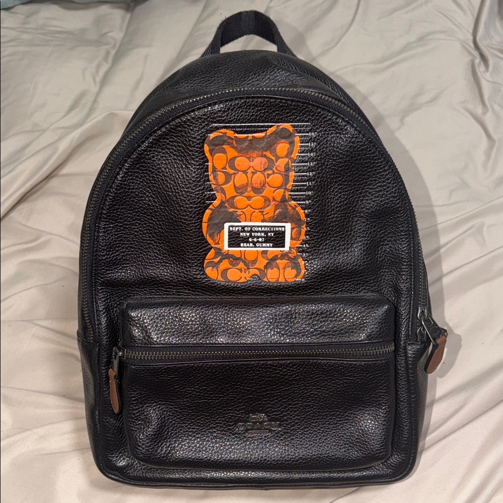 Coach Black Backpack with Orange Bear Accent